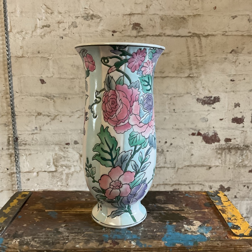 Floral Ceramic Vase with Pink and Green Design